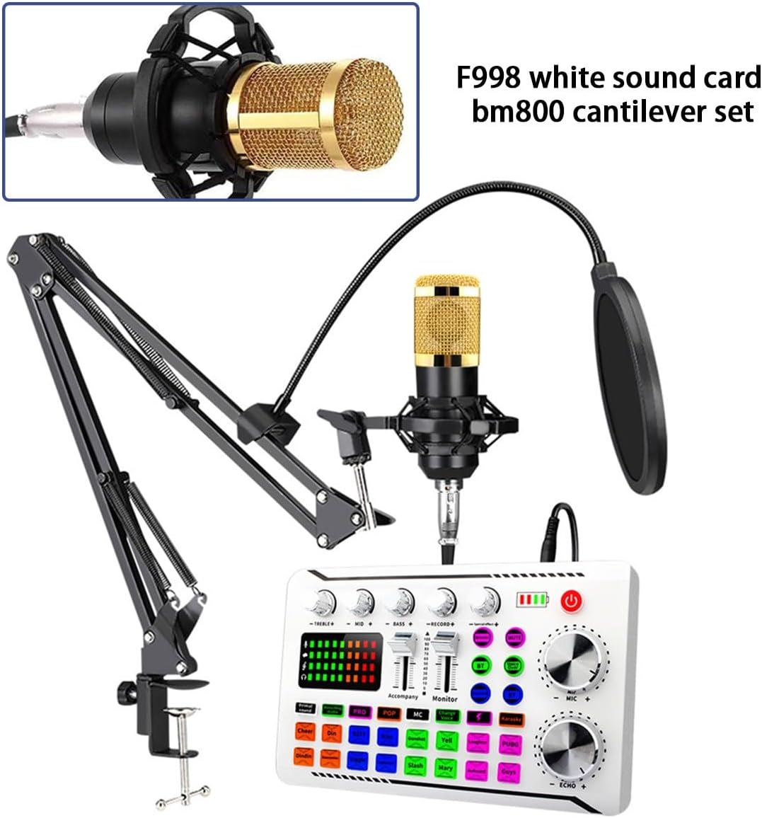 Podcast Equipment Bundle, Recording Studio Equipment with F998 White Sound Card and Bm800 Cantilever Set，Studio Condenser Microphone for Smartphone, DJ, Video Recording, Streaming and Singing