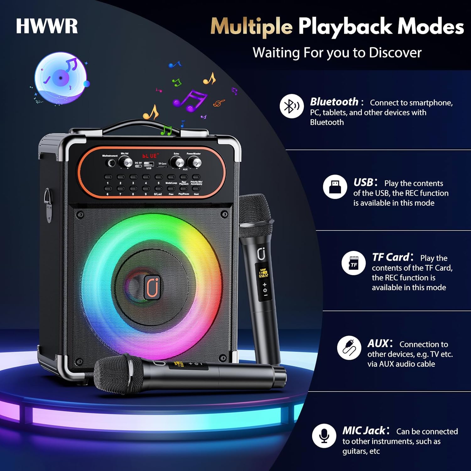 Karaoke Machine with 2 Microphones, Portable Bluetooth 5.3 Karaoke Speaker for Outdoor Events,Gatherings and Parties, PA System with Echo Adjustment for Adults, Stage-subwoofers
