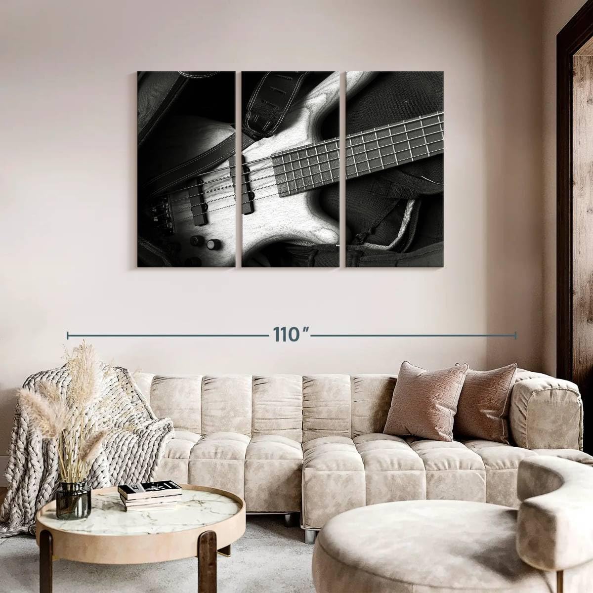 ElephantStock - Monochromatic Bass Guitar Wall Art - Horizontal Multi Panel Canvas - 3 Piece Living Room Wall Decor - Photography Music Multi Piece Wall Art - Black And Gray Decor - 74