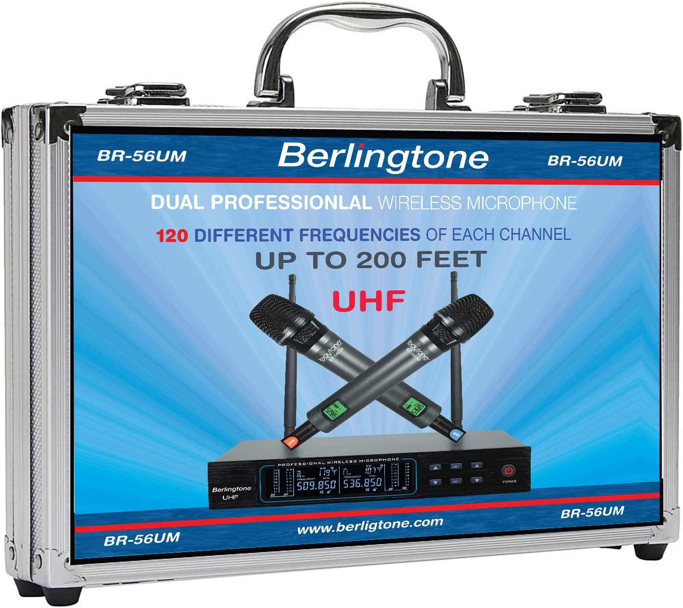 Berlingtone Wireless Microphone System, 2 Handheld Dynamic Microphones,120- Adjustable Frequency Channel, Metal case and mic for Karaoke, Meeting, Party, Church, DJ, Wedding, up 260ft Range (BR-56UM)