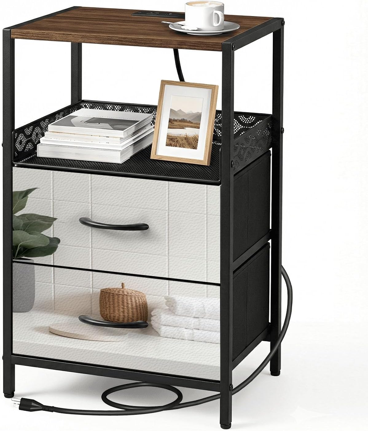 Night Stand with Charging Station Bedside Table with 2 Fabric Drawers Marble White Round for Bathing Products Bathroom spa Shampoo Bedroom Nightstand with USB Ports & Outlets Open Shelf Black