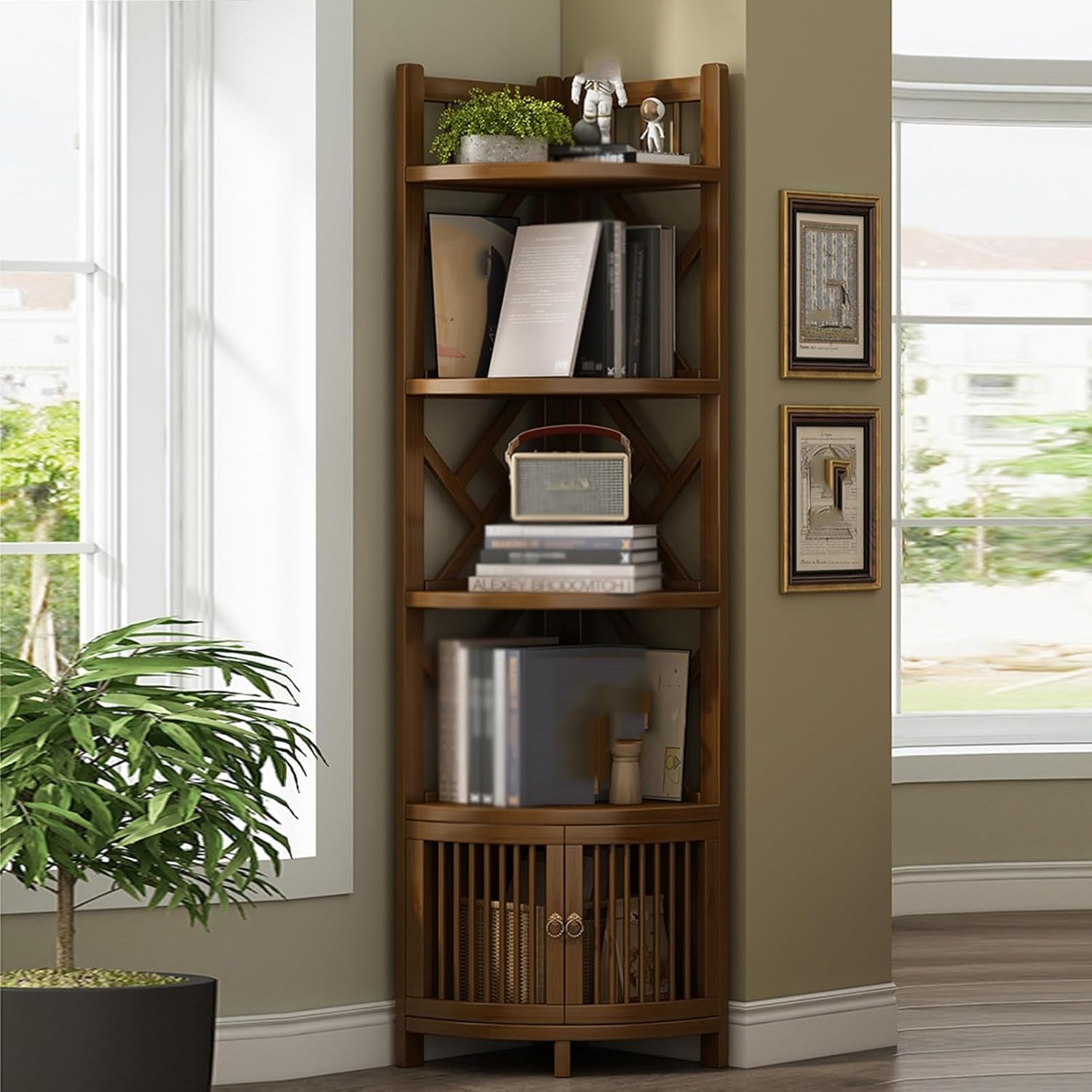 Corner Bookshelf,Walnut Color Open Bookcase,Corner Shelf,Tall Corner Book Shelf Display Rack with Baffles Suitable for Storing Documents,Magazines ()