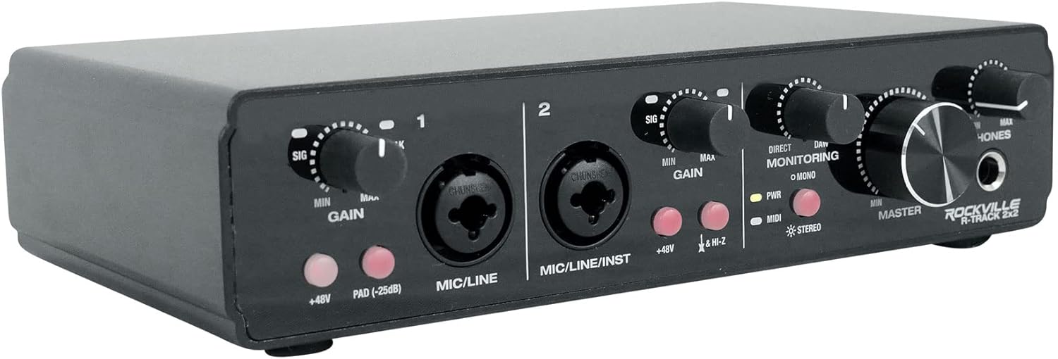 Rockville R-TRACK 2x2 USB 2.0 Audio Interface, 24-Bit/192kHz, 2 Mic-Pres with Combo Jacks, MIDI I/O, Phantom Power, for Studio Recording and Podcasting