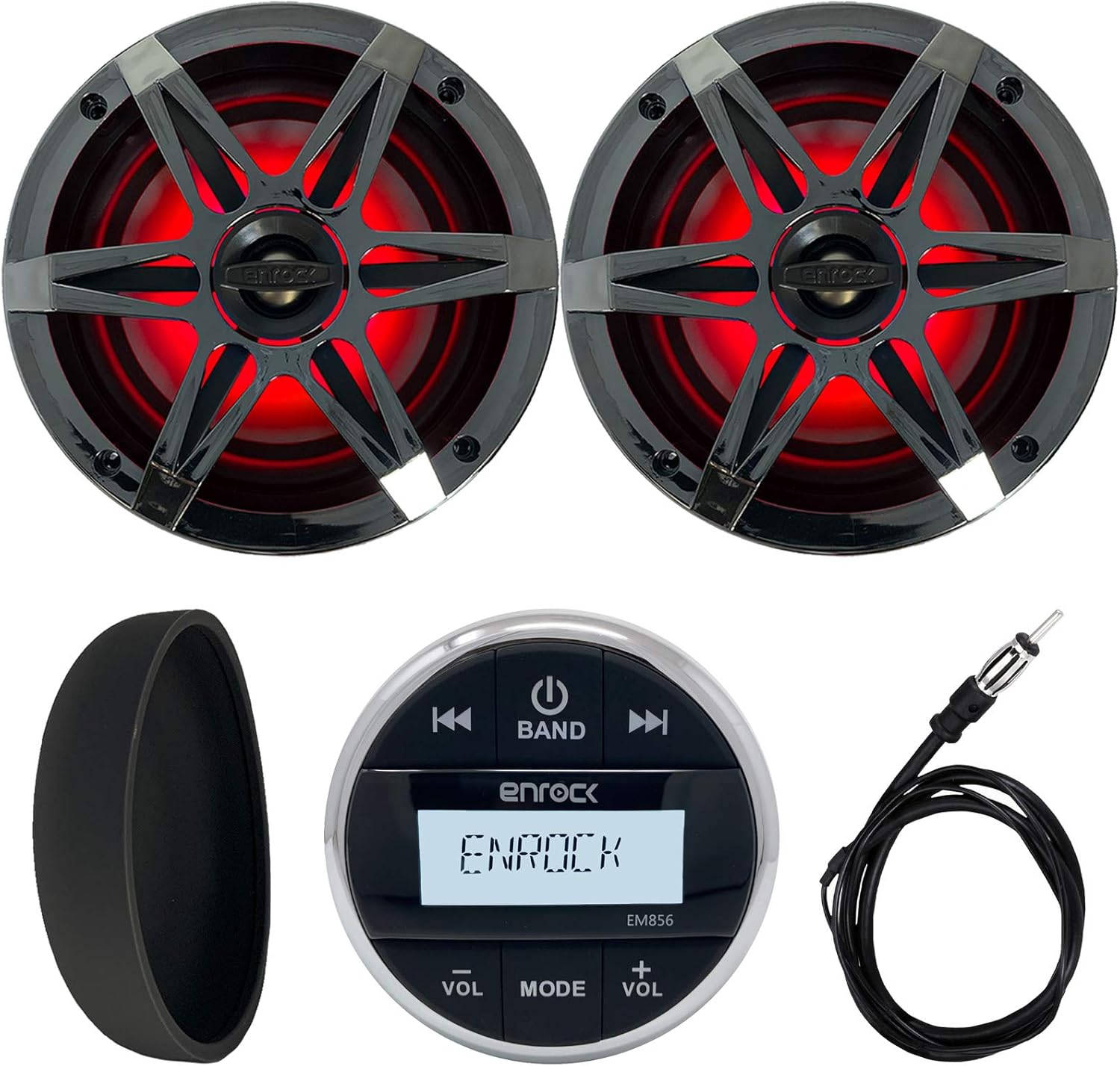 Enrock Marine Gauge Style Media Center Bluetooth USB AUX Receiver Bundle Combo with 2X 6.5 120W Waterproof 2-Way Coaxial Multicolor LED Speakers with Chrome Grilles, Radio Cover, Wired AM/FM Antenna