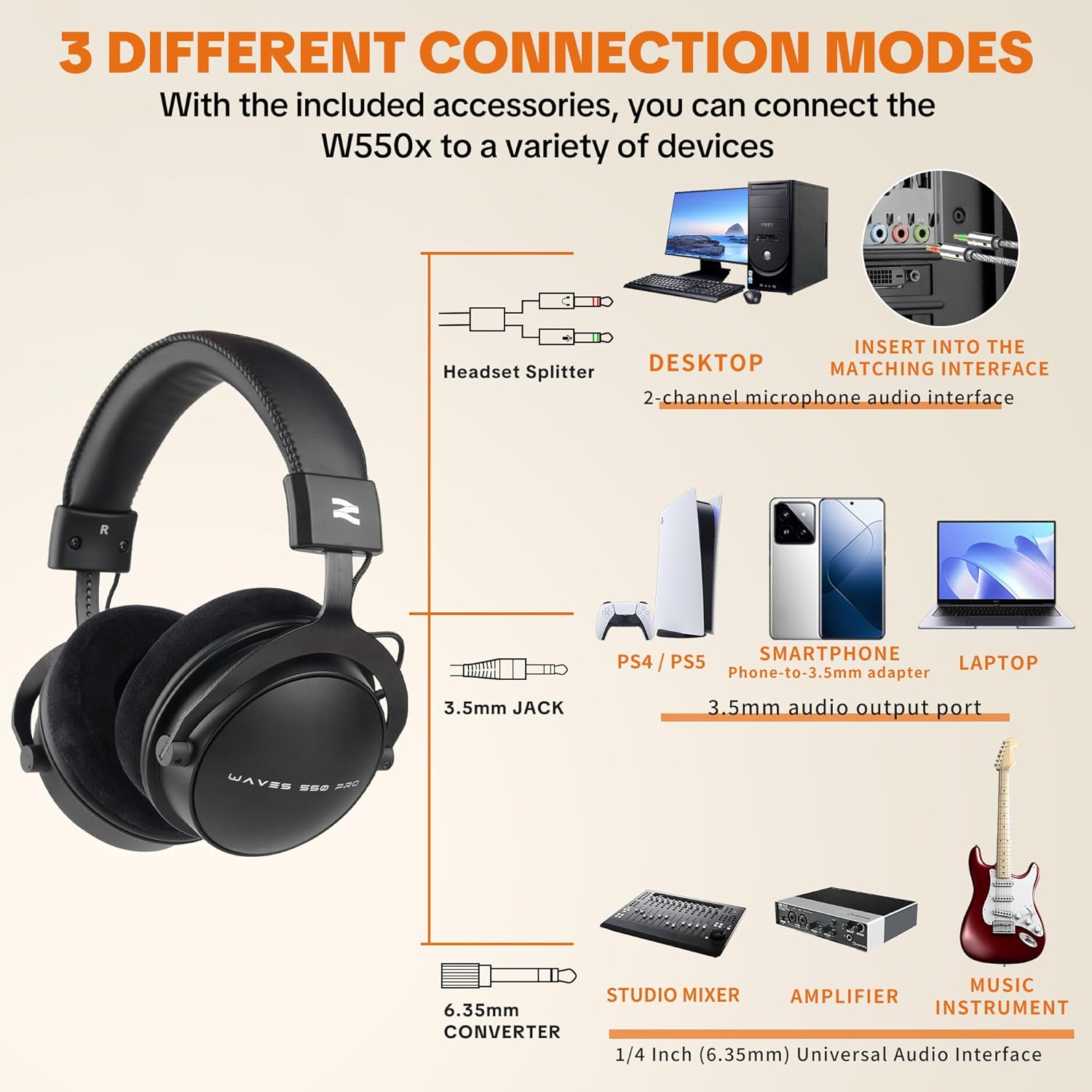 Studio Monitor Headphones for Recording, Professional Over Ear Wired Headset with Detachable Cardioid Dynamic Boom Microphone, Streaming Equipment for Media, Broadcast, Podcasting, Black-W550X