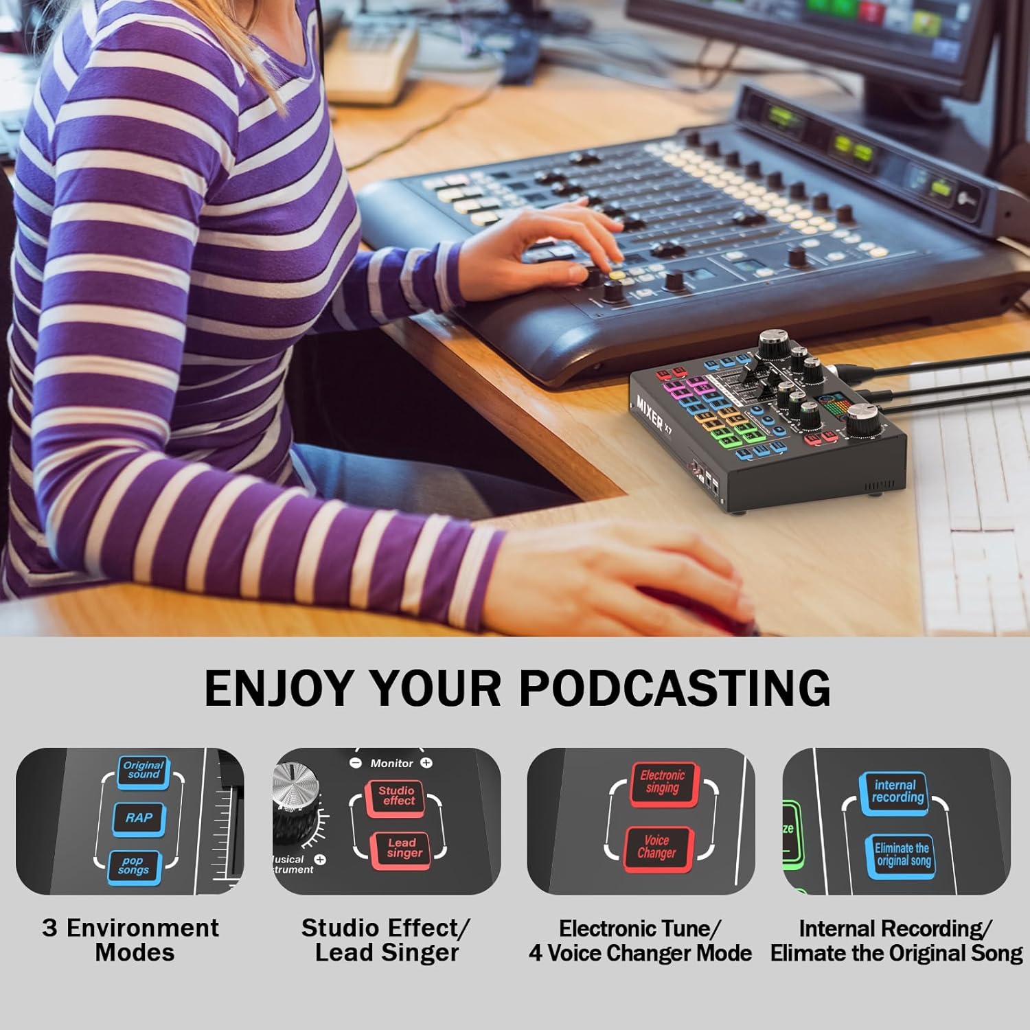 RHM X7 Podcast Equipment, Audio Mixer Interface with 48V Phantom Power & XLR Microphone Interface, 4 Voice Changing Modes, 16 Sound Effects, LCD Display, for PC/Phone/Streaming (TY01)