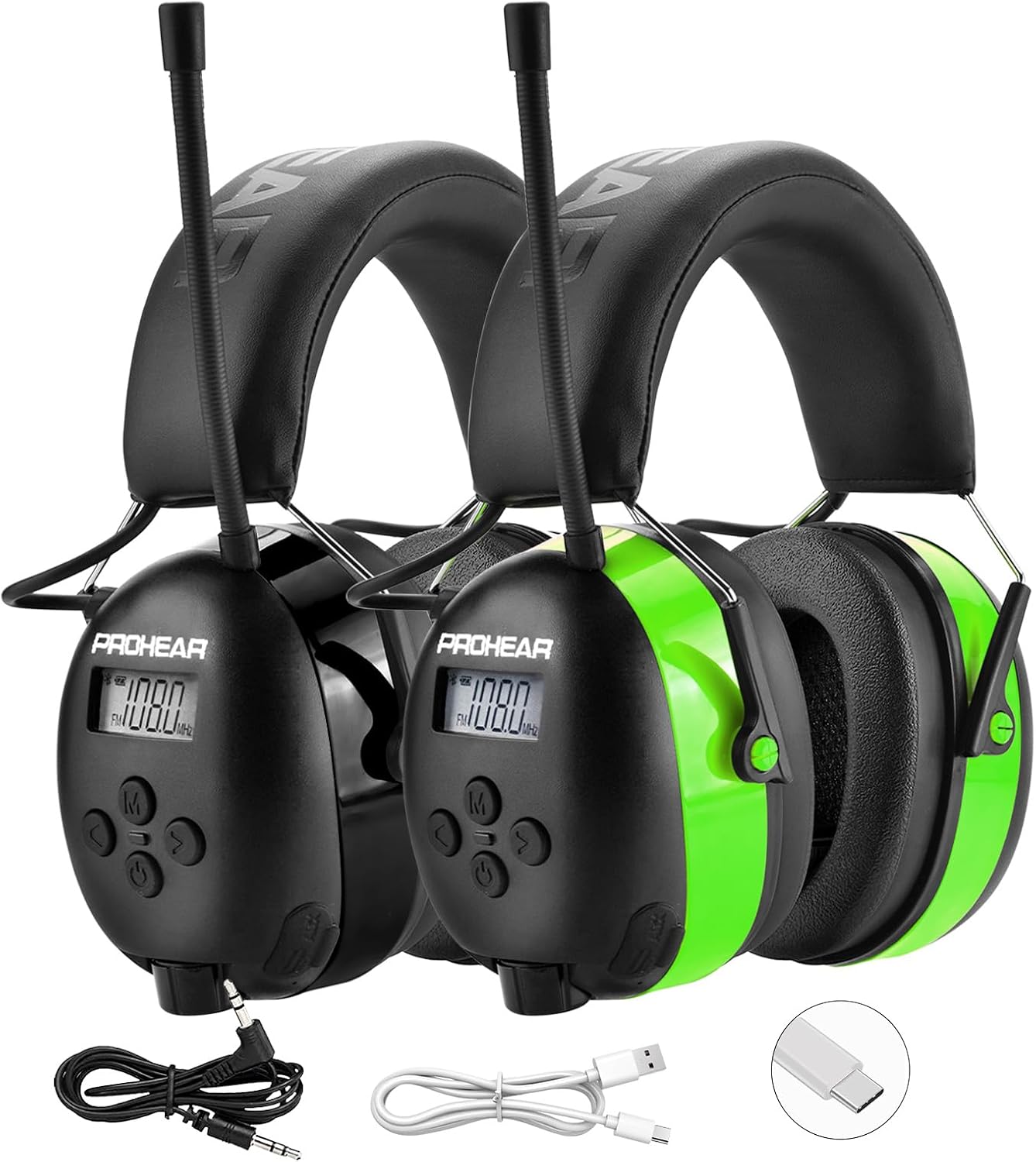 PROHEAR 033 2Pack Upgraded Bluetooth 5.4 Hearing Protection AM FM Radio Headphones, Noise Reduction Safety Earmuffs with Rechargeable 2000 mAH Battery, Ear Protector for Mowing Lawn Work, Black+Green