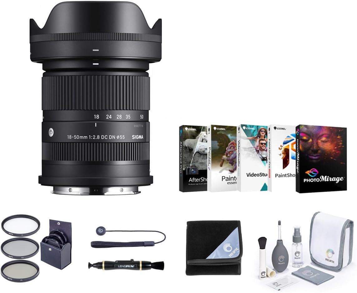 Sigma 18-50mm f/2.8 DC DN Contemporary Lens for Sony E, Bundle with 55mm Filters, Cleaner, Lens Wrap, Cap Tether, Cleaning Kit, PC Software