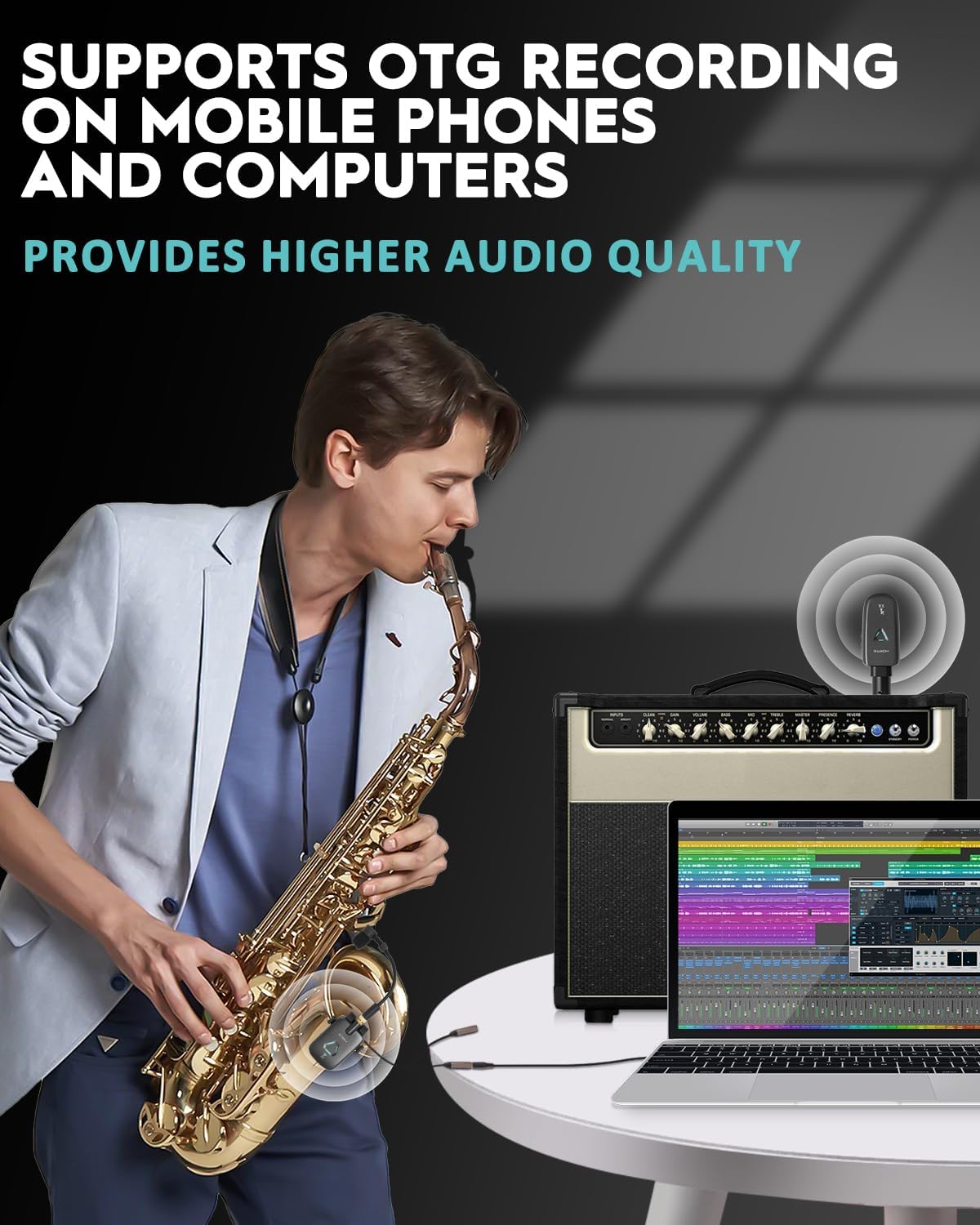 STRICH UHF Rechargeable Wireless Instrument Microphone System with Clip-on Transmitter & Receiver, 99ft Range, Reverb OTG Recording, for Trumpet, Trombone, Saxophone & Brass Instruments