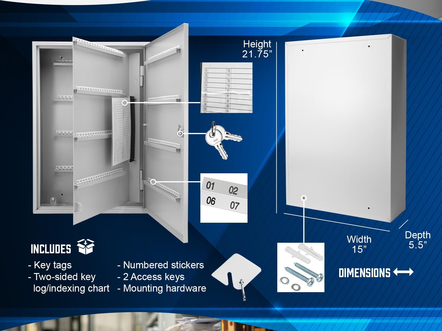 Barska 240 Position Key Cabinet with Numbered Hooks – Wall Mount Steel Key Organizer Safe with Index Log, White Key Tags & Lockable Door for Office or Business