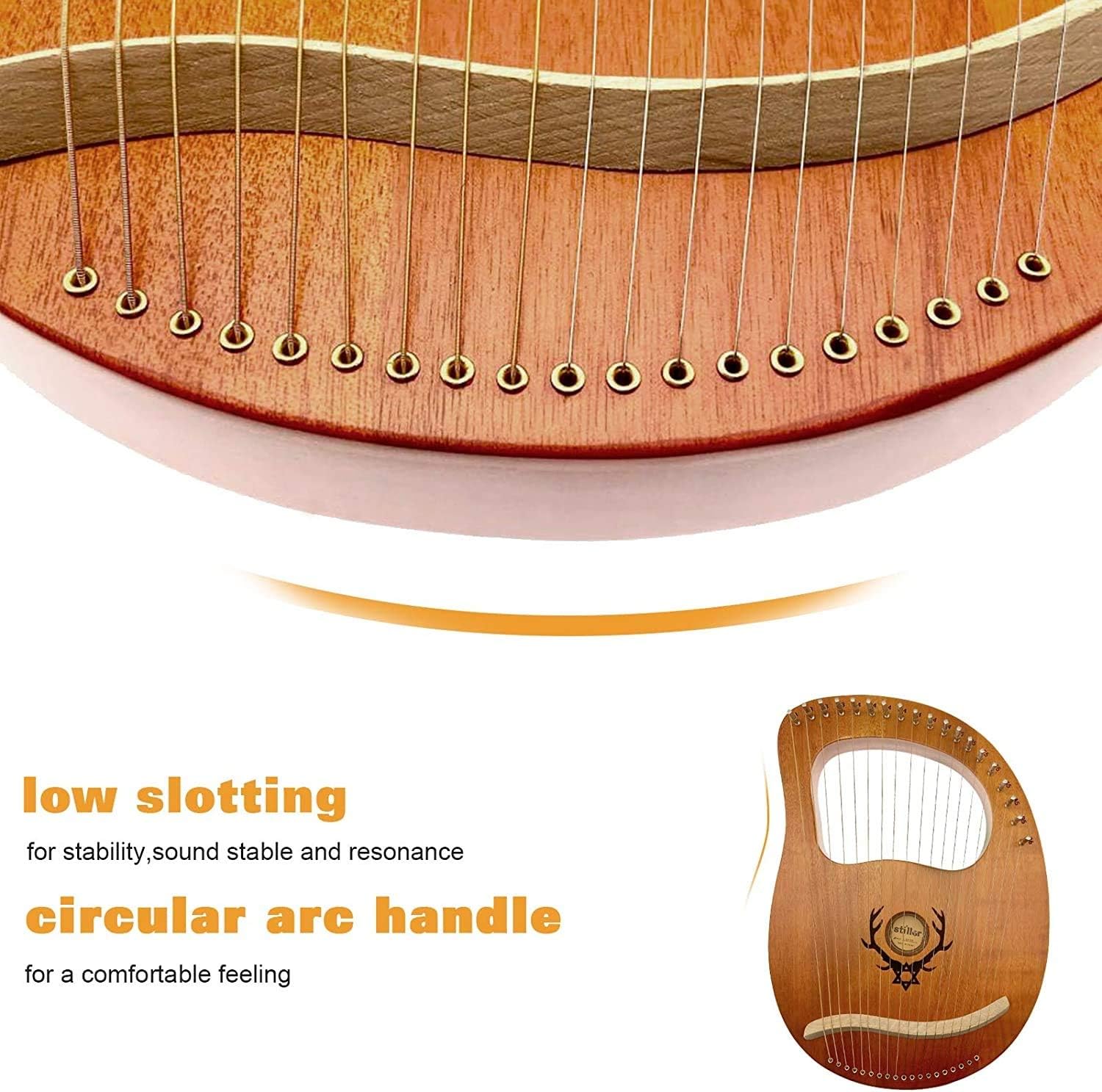 Lyre Harp 19 String Solid Wood String Instrument Heptachord Mahogany with Tuning Wrench, Picks and Bag, Best Gift for Beginners Music Lovers (Color : H)