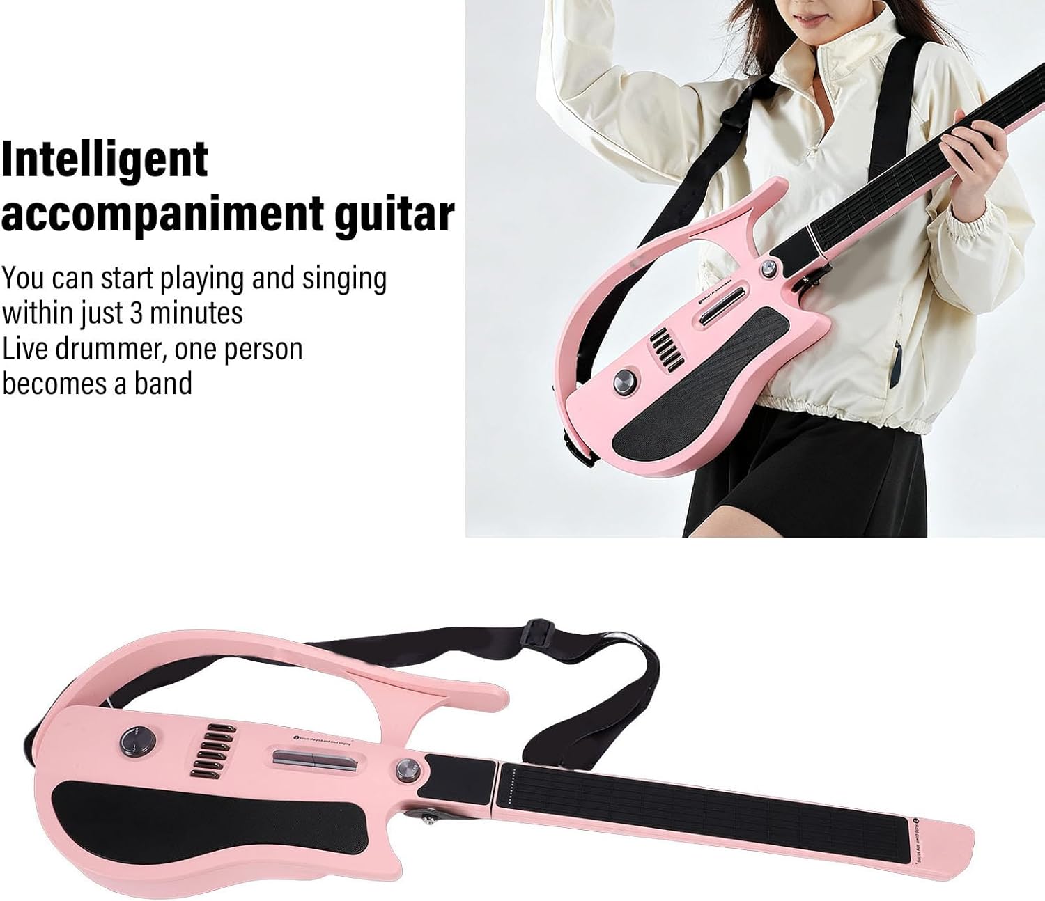 Drfeify Stringless Smart Guitar, Portable Foldable Travel Backing Electric Guitar, Precise Tuning for Beginner Pink