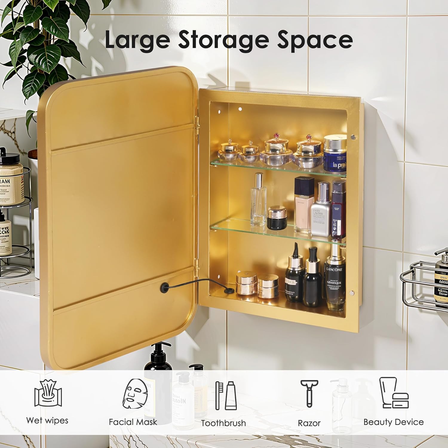 SogesGame LED Medicine Cabinet, 16 x 24 Inch Bathroom Medicine Cabinet with Adjustable Shelves, Recessed or Wall Mount, Wall Mounted Deep Metal Framed Rounded Corner, Gold