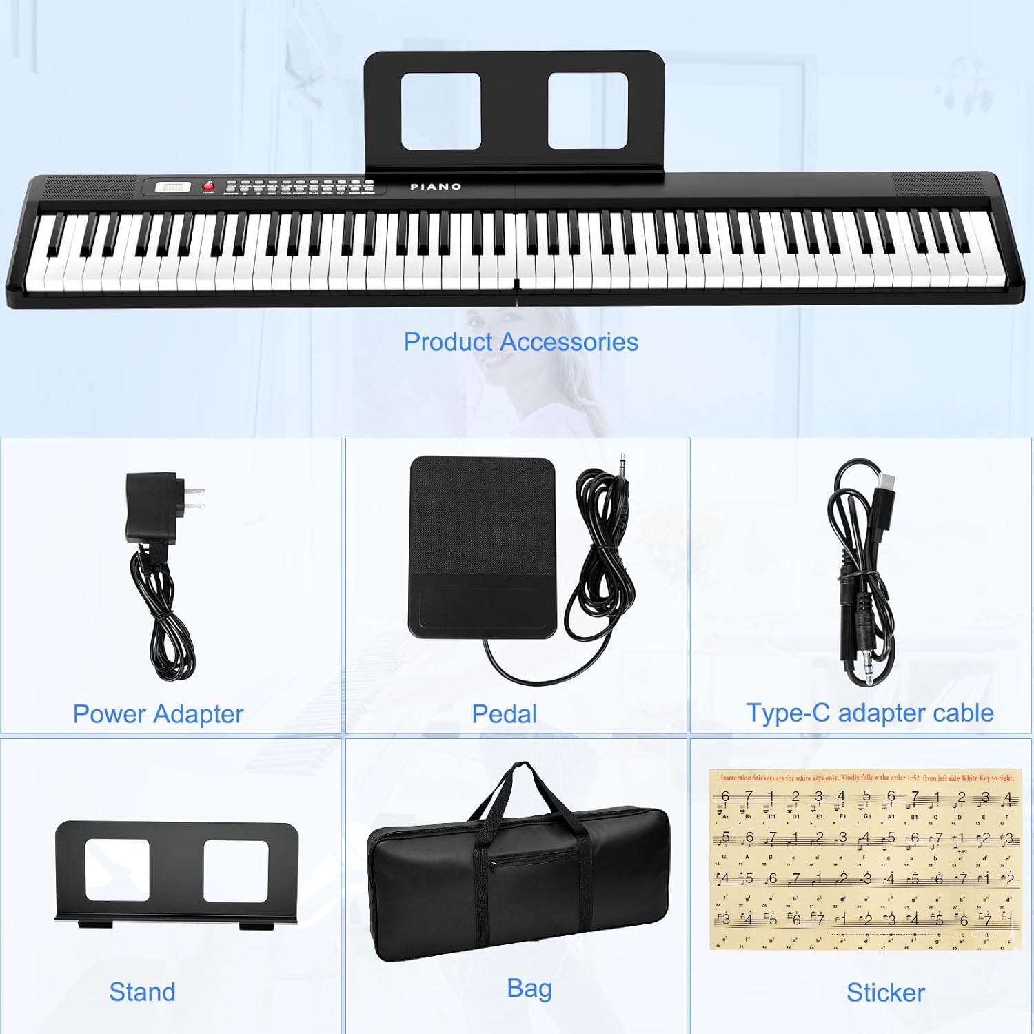 Electronic Piano keyboard,Foldable Full Size 88 Key Digital Pianos with Power Adapter,Pedal,Sheet Music Stand,Sticker,Bag,for Beginners,Black