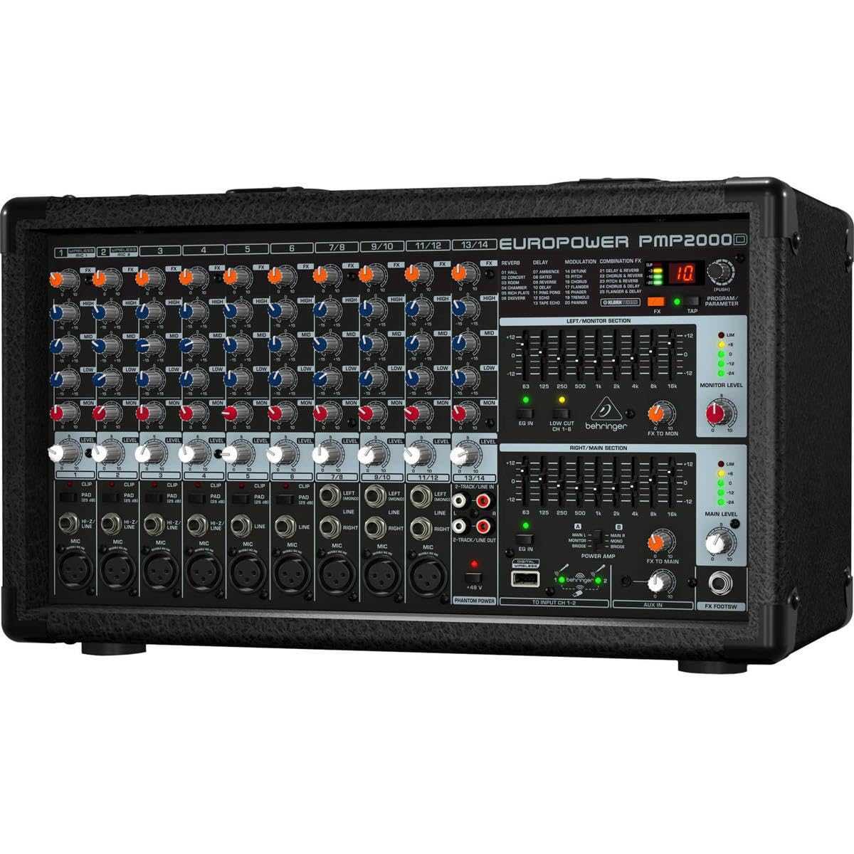 Behringer EUROPOWER PMP2000D 2000-Watt 14-Channel Powered Mixer - With 4x 25' XLR Microphone Cables