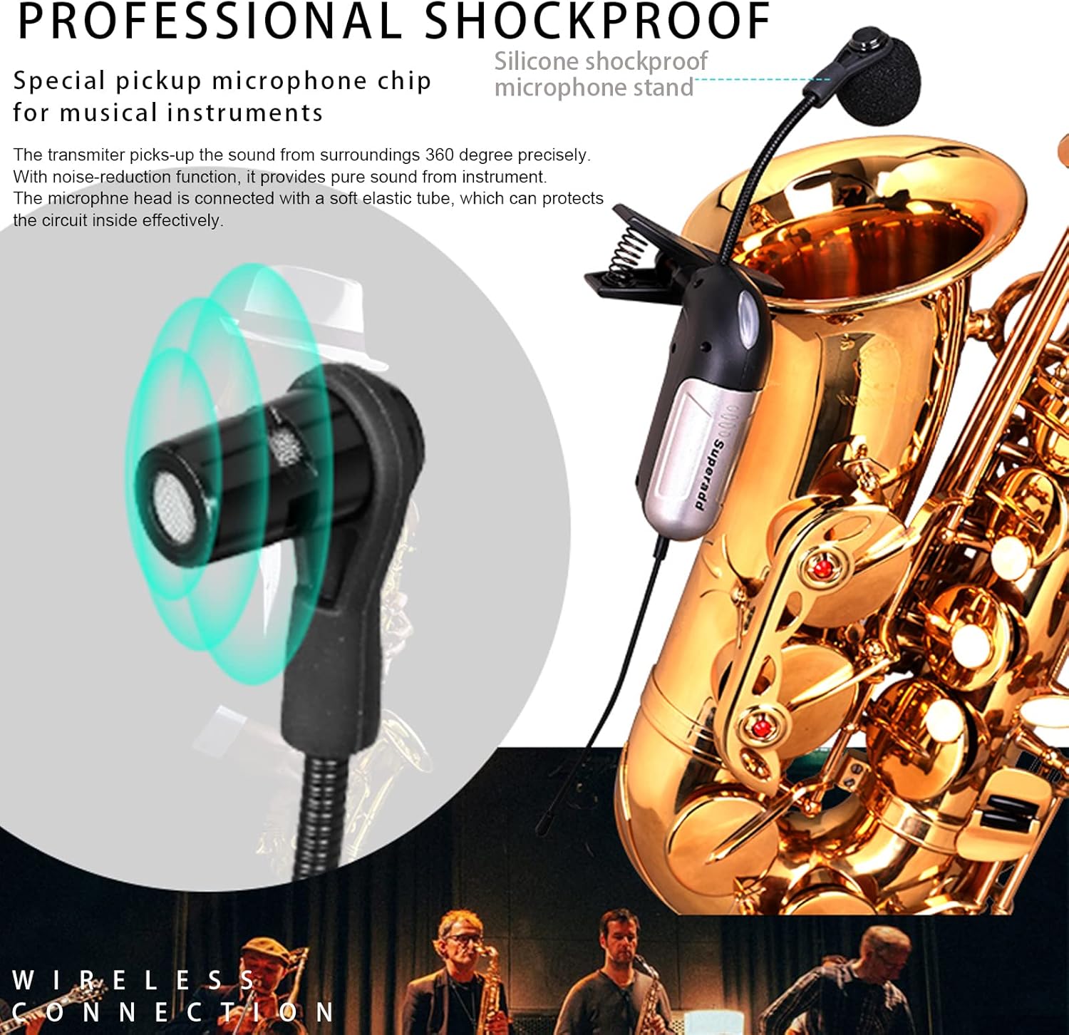 Saxophone Wireless musical instrument pickup, Professional Microphone Wireless Instrument UHF Pickup Mic Receiver & Transmitter System, Clip-on for Saxophone/French Horn/Trumpet wind instruments