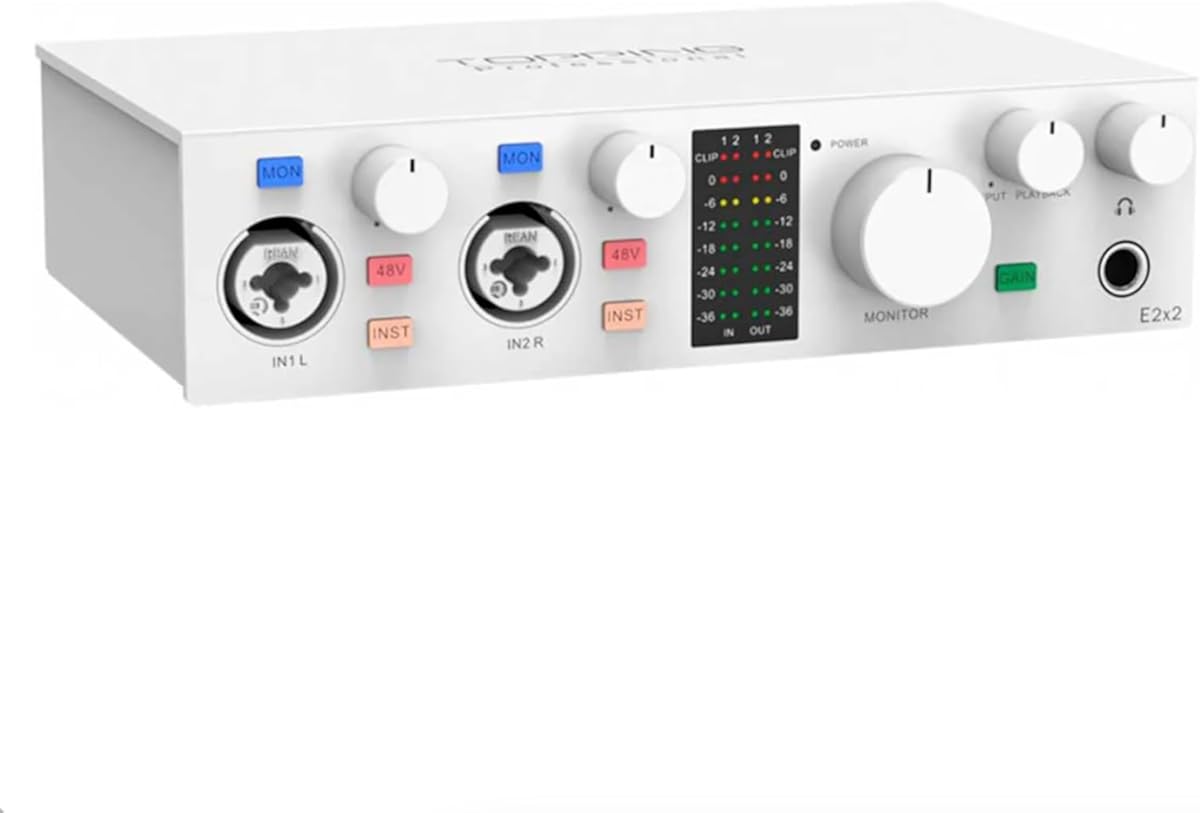 TOPPING E2X2 USB Audio Interface - High-Performance Mixer & Recording Interface for PC, Mac, iPhone & Android - Ultra-Linear Preamp, 48V Phantom Power, Low Noise, Real-Time Monitoring (White)