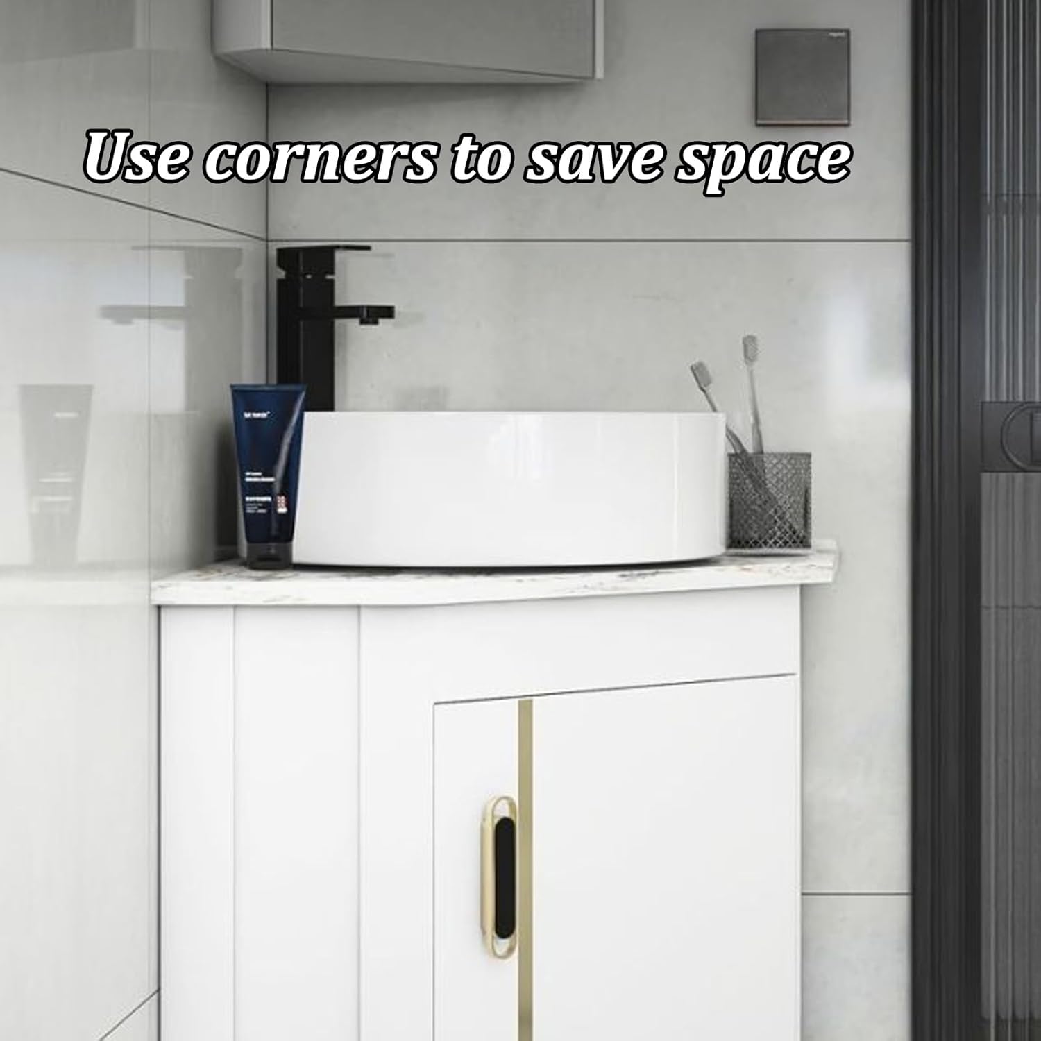 Corner Bathroom Vanity Wall Mount Small Utility Sink with Metals Cabinet Modern Bathroom Vanity Slate Countertop, Deeper Sink for Small Space(43cm)