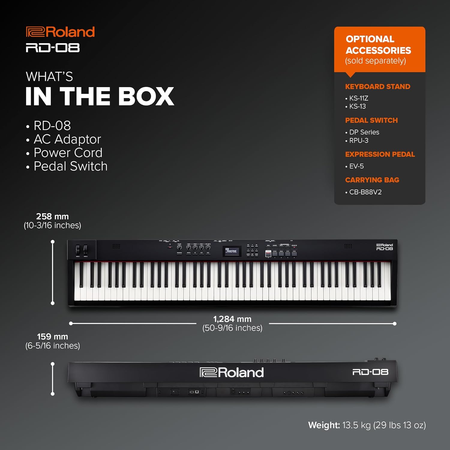 Roland RD-08 Stage Piano | Authentic RD Sound & Playability | Streamlined Design | 88-Note Weighted-Action PHA-4 Keyboard | Expandable Features | 3000+ Onboard Sounds | Ideal for Professional Gigging