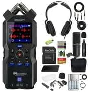 Zoom H4essential 4-Track 32-Bit Float Portable Audio Recorder + Zoom ZDM-1 Podcast Mic Pack + P- Bank Battery + USB Card Reader, SD/microSD + 10ft USB Type A to USB Type C cable - Black + More