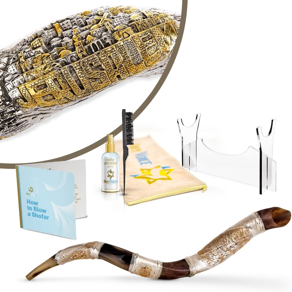 Holy Voice Sterling Silver-Plated Shofar Horn from Israel - Silver Plated Shofar with Stand, Carrying Bag and Cleaning Brush Made in Israel (32