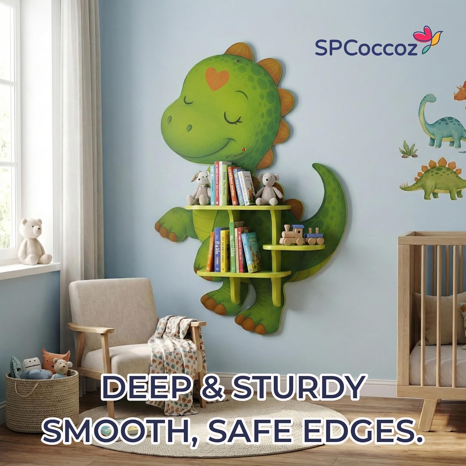 Shelves for Kids Room – Wall Mounted Nursery Bookshelf Set for Baby or Toddler, Wooden Display Ledge for Children’s Books, Nursery Wall Decor Storage Rack (Dinosaur, Small) (Dinosaur, Small)