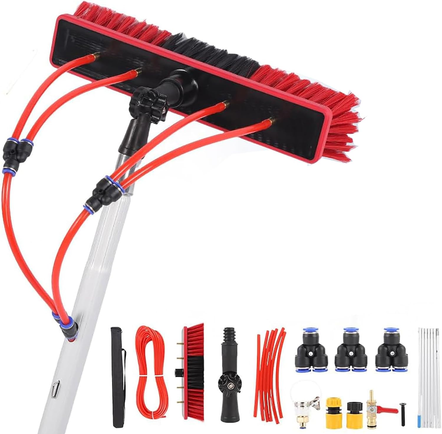 24ft Pole Washing Kit Adjustable Brush Head Washing Equipment Window Cleaner Tool Water Fed Pole Kit for Roof Caravan Solar Panel Anti-Slip Rubber Handle