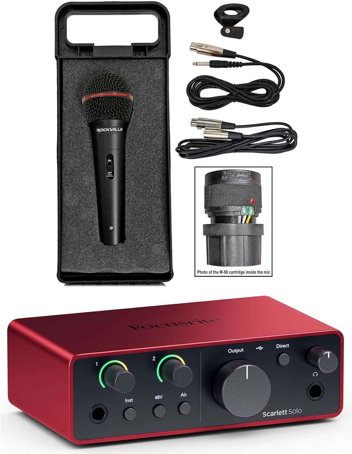 Audiosavings Bundle: Scarlett Solo 4th Gen Studio Recording USB Audio Interface+Software Bundle with Rockville RMIC-SR Handheld DJ Vocal Recording Wired Microphone+Cables+Mic Case (2 Items)