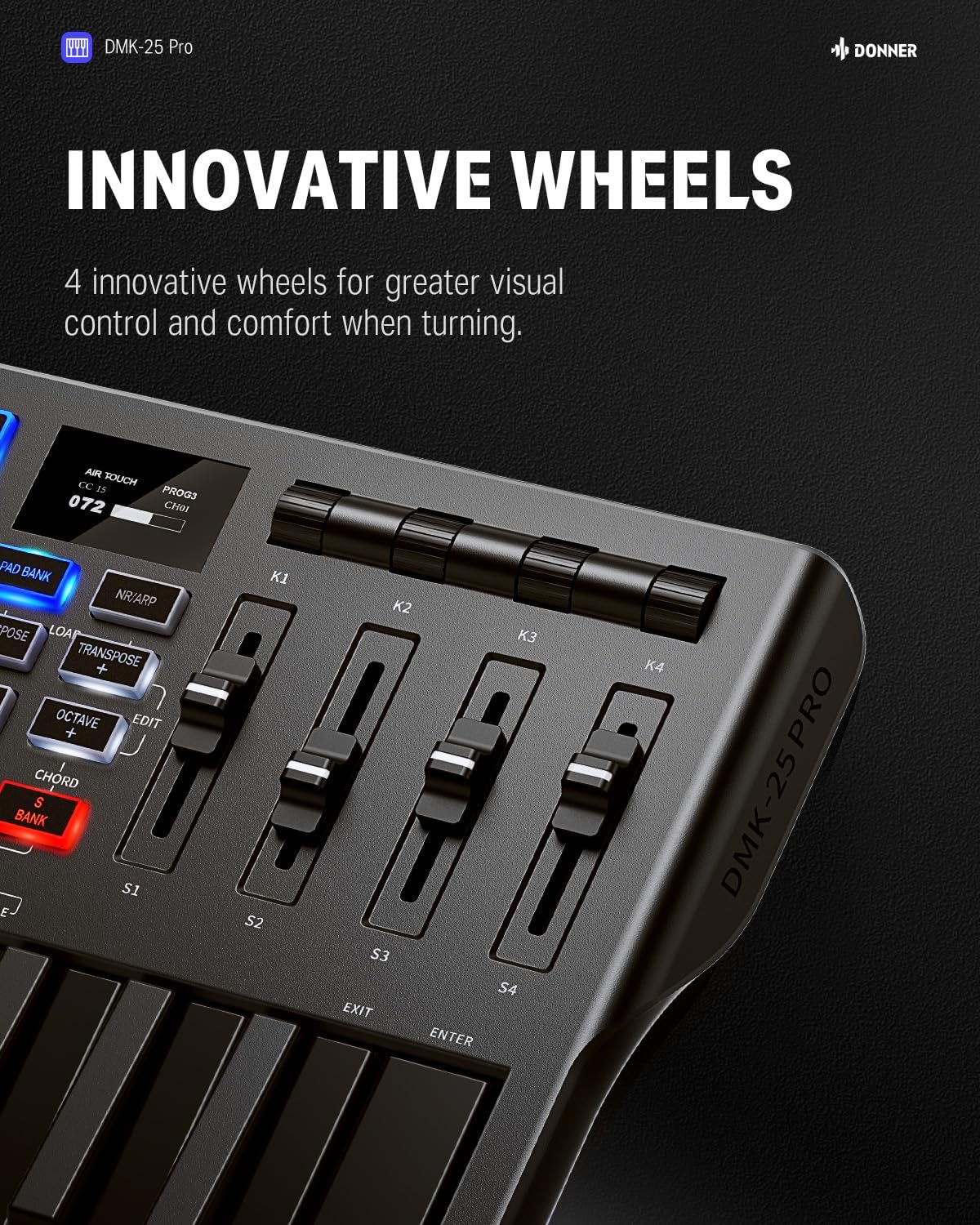 Donner USB-C MIDI Keyboard Controller, 25 Key Portable Mini MIDI Keyboard with 8 Drum Pads, OLED Display, 16 Smart Scales, Arpeggio, Replay, 4 DAW Software and 40 Teaching Courses, DMK 25 Pro Black