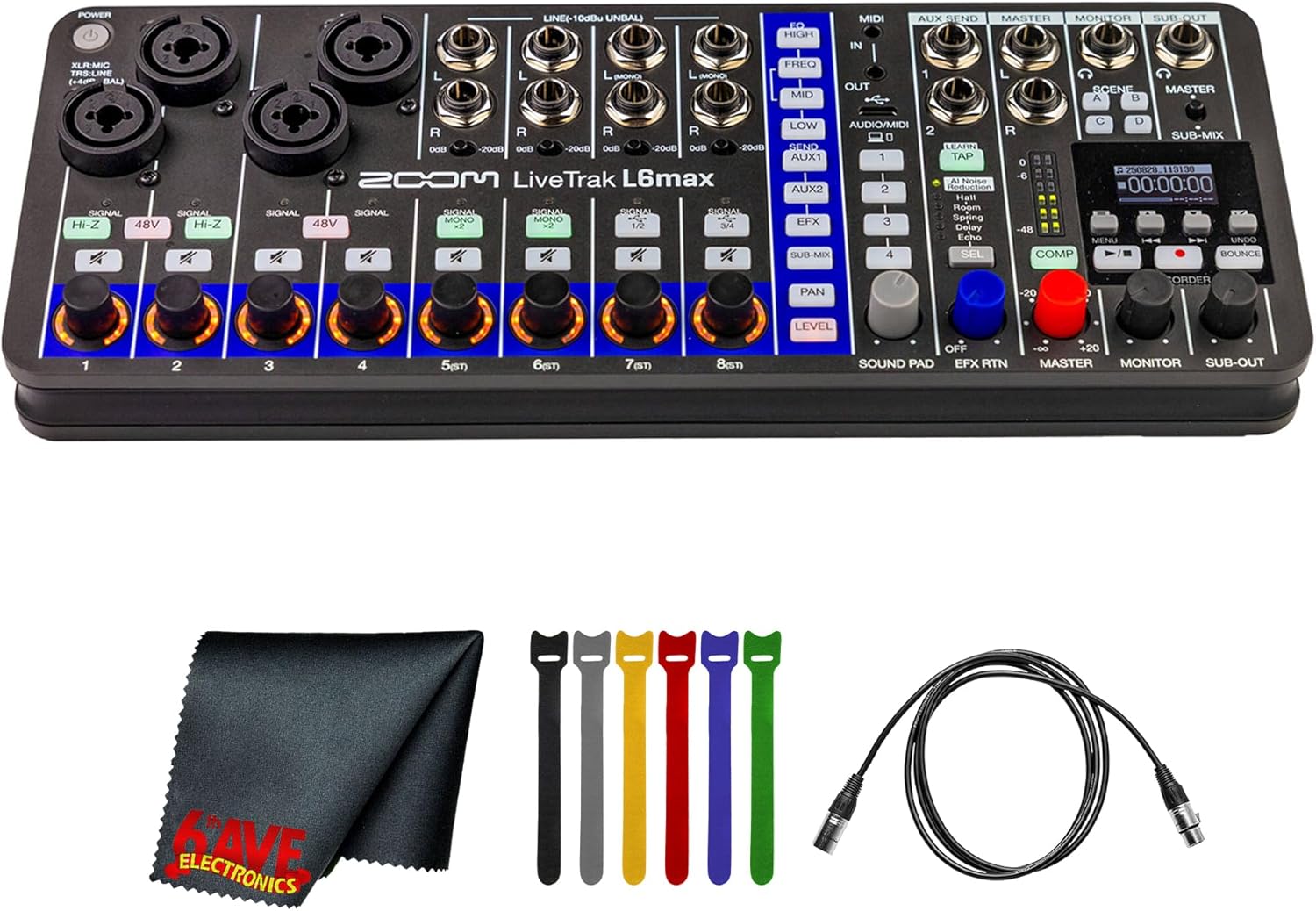 Zoom LiveTrak L6max Portable 12-Channel Mixer and MultiTrack Recorder with 4 Combo Inputs, 8 Line Inputs, 32-Bit Float Recording, AI Noise Reduction, 14-Track SD Capture, USB Interface, Bundle