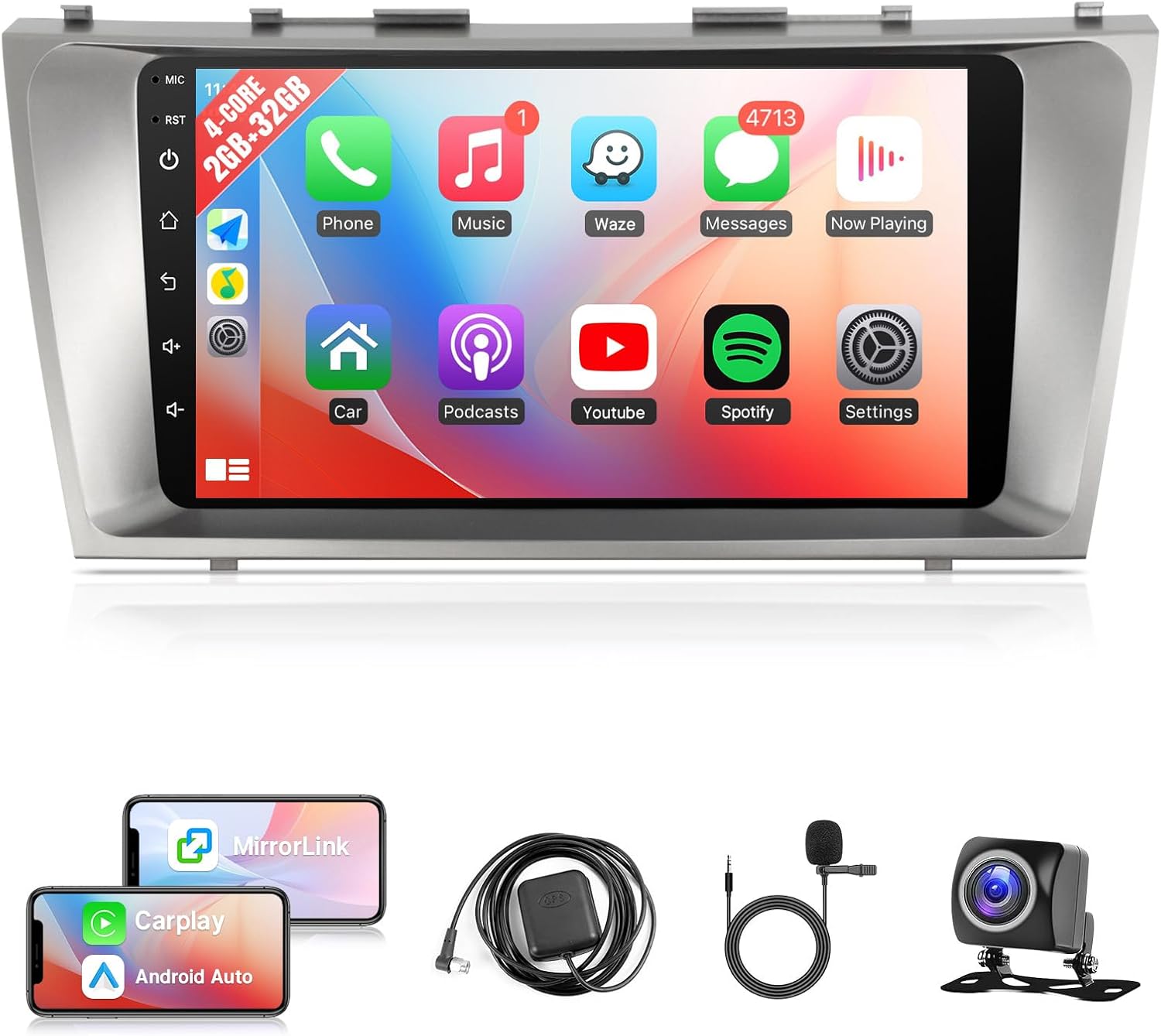 Android Car Stereo for Toyota Camry 2006 2007 2008 2009 2010 2011, 9 Inch IPS HD Touch Screen Car Radio for Toyota Camry Wireless CarPlay Android Auto, GPS/FM/SWC/Bluetooth/AHD Backup Camera/MIC