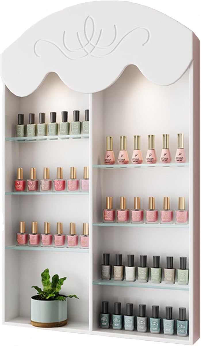 Hanging Wall Shelf, White Wooden Nail Polish Rack, Essential Oil Display Cabinet in Nail Salon, Rectangular Wall Mount Organizer,0.5m