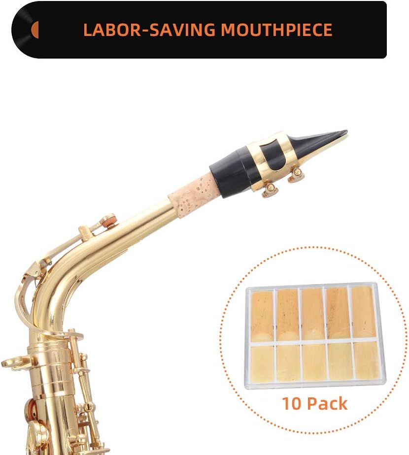 Glarry Student Alto Eb E-flat SAX Saxophone Gold Lacquer SAX Beginners Kit with Case, Reeds, Mouth Piece, Soft Cleaning Cloth and Rod, Gloves