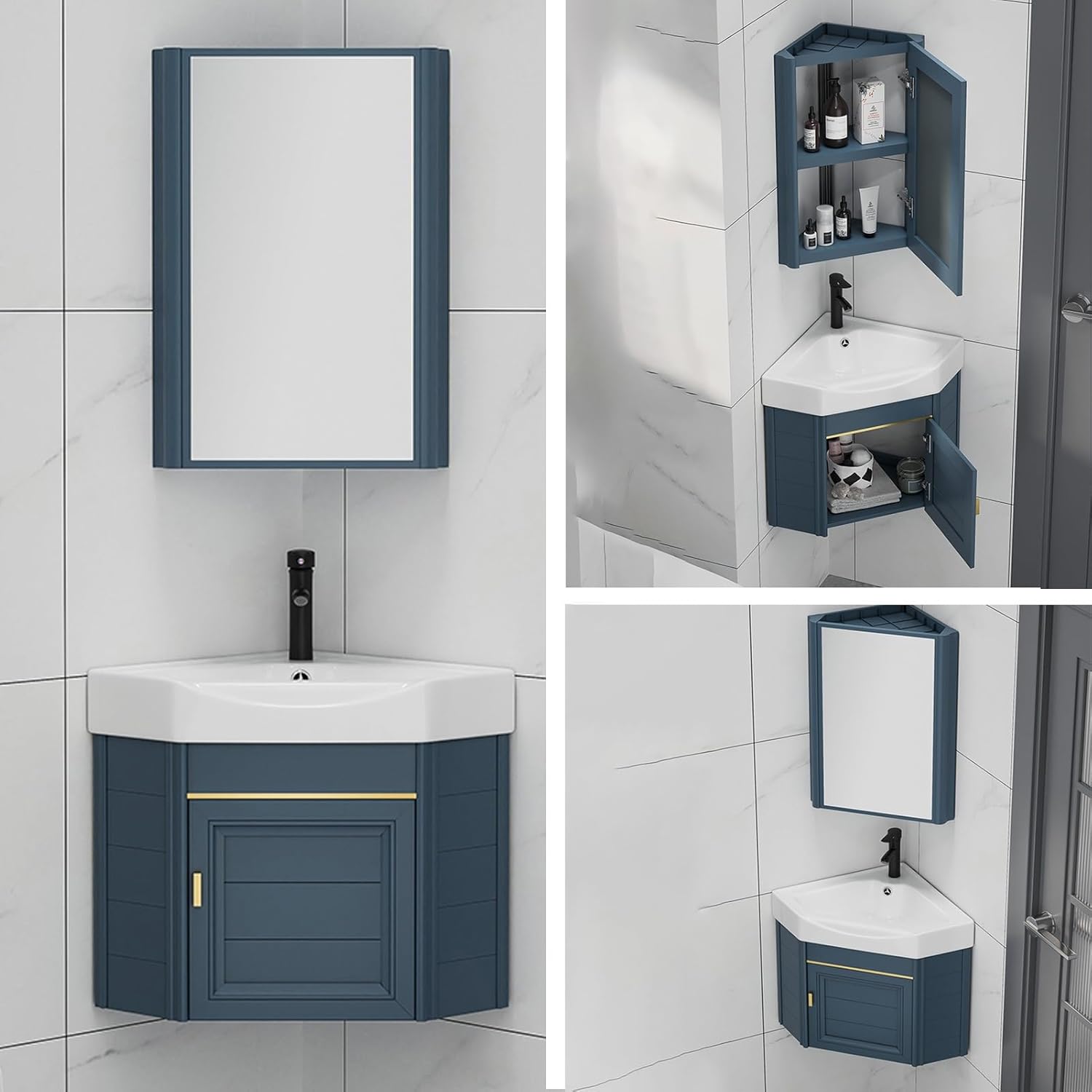 Corner Bathroom Sink, Corner Wall Mount Bathroom Sink, Small Vanity Sink with Mirror Cabinet, Corner Mounted Bathroom Vanities Cabinet Sink, Bathroom Vanity for Small Spaces(47cm/18.5in)