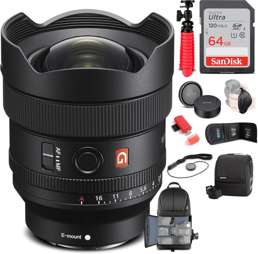 Sony FE 14mm f/1.8 GM Lens (SEL14F18GM) + Backpack + 64GB Card + Card Reader + Flex Tripod + Memory Wallet + Lens Cap Keeper + Cleaning Kit + Hand Strap + More (Renewed)
