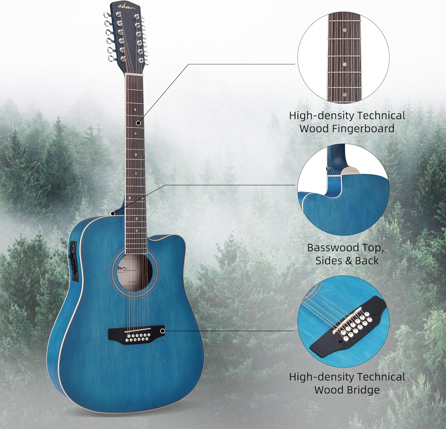 ADM 12 String Guitar, 42” Full Size Acoustic Electric Twelve String Guitar Bundle with 4-Band EQ for Professional Beginner Adults Intermediate, Gig Bag, Picks, Capo, Cabel, Shoulder Strap, Blue
