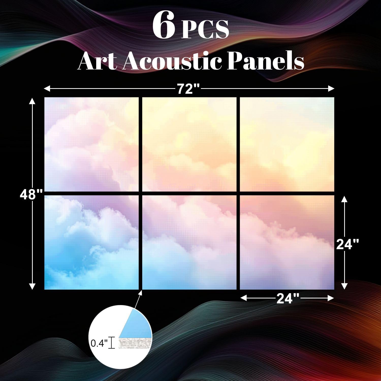 6 Pack Art Acoustic Panels Rainbow Clouds Sound Absorbing Panel 48