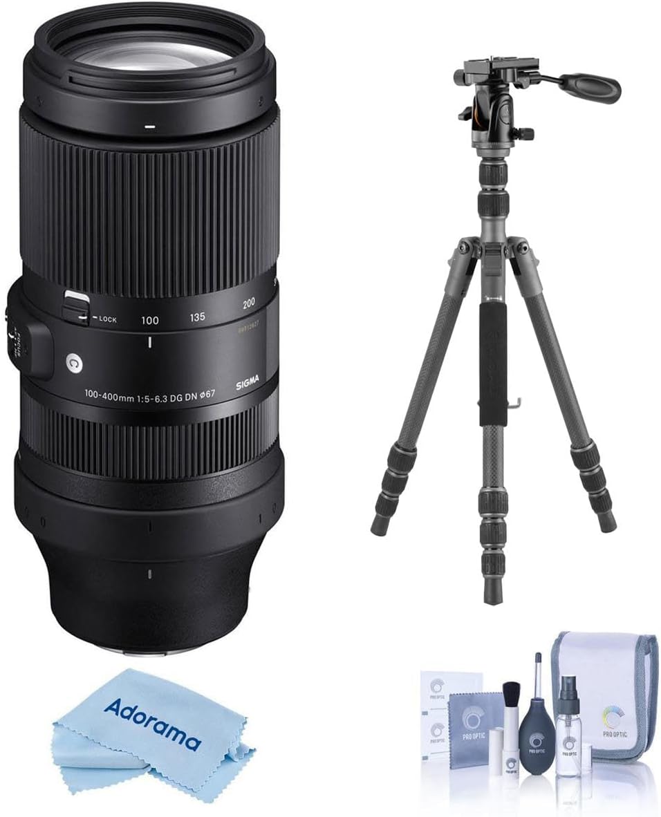 Sigma 100-400mm f/5-6.3 DG DN OS Contemporary Lens for Sony E, Bundle with Vanguard VEO 3 GO 235AB Al Travel Tripod with T-50 Ball Head, Cleaning Kit, Cleaning Cloth