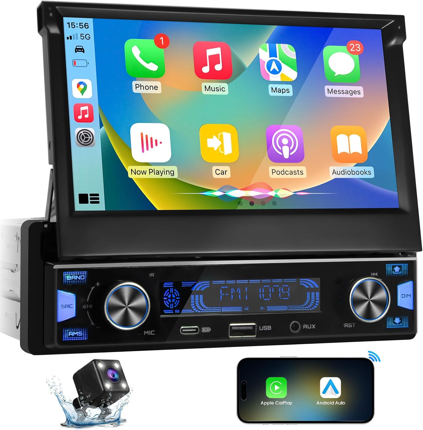 Single Din Wireless CarPlay Stereo: 7 Inch Motorized Flip Out Touchscreen Car Radio with Android Auto HD Backup Camera Bluetooth MirrorLink AM FM Type-C Charge USB AUX 2 Subwoofer Outputs