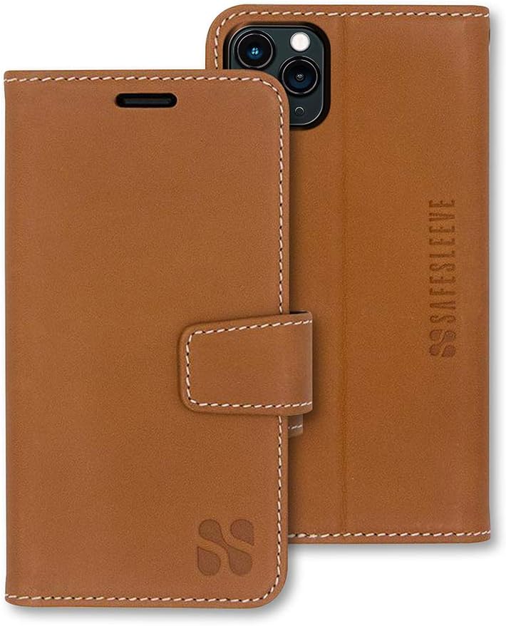 SafeSleeve Case for iPhone 12 Pro Max – EMF Blocker for Cell Phone with 3 Card Slot, Slim Protective Design, and Built-in Adjustable Stand for Hands-Free Viewing, Suitable for Men and Women (Leather)