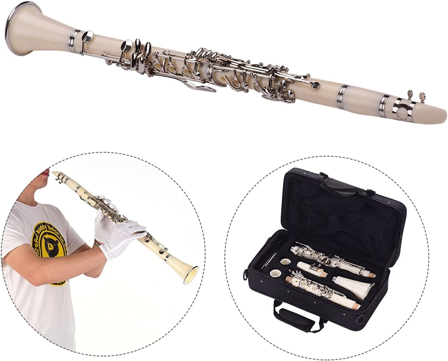 Standard Clarinet ABS 17-Key Clarinet Bb Flat with Case Gloves Cloth Reed Case Reeds Accessories Woodwind Instrument Beginner Clarinet (Color : White)