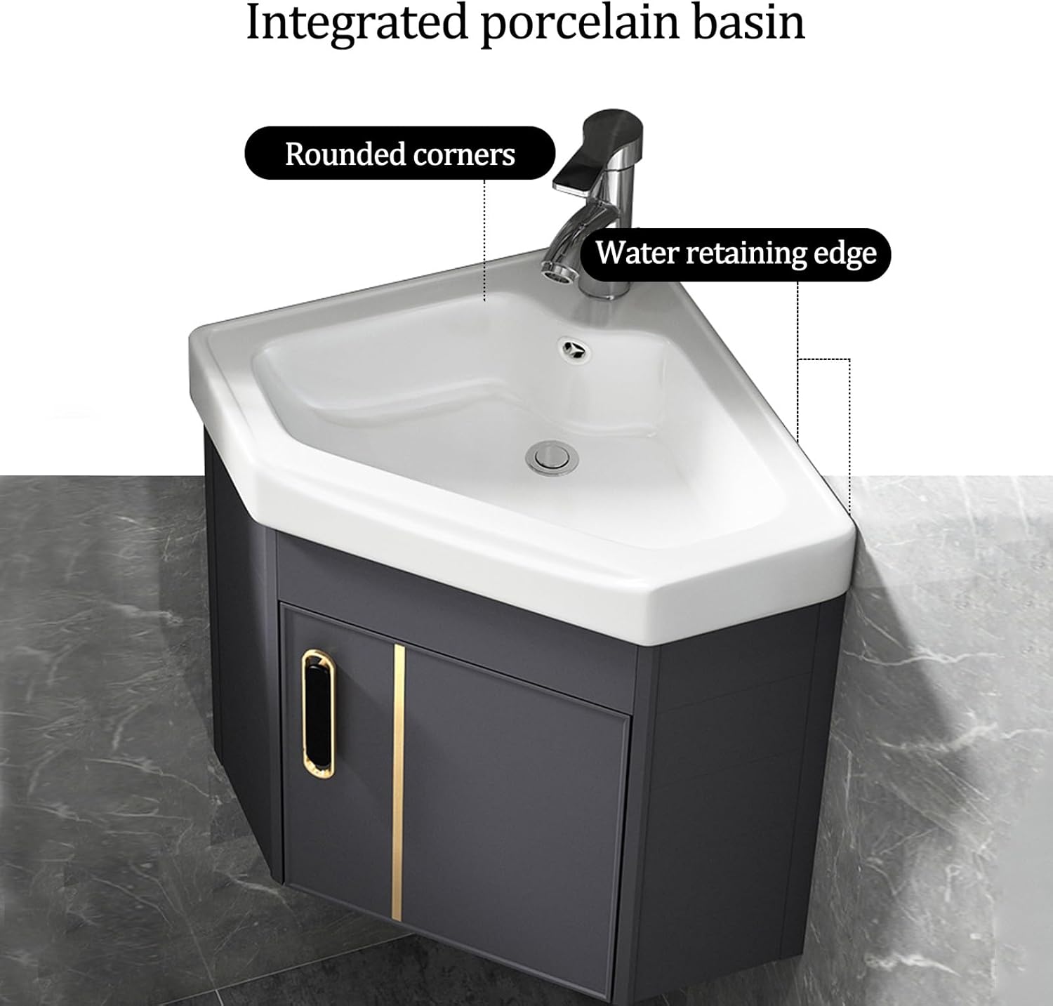 Corner Bathroom Vanity Sink Combo, Wall Mount Multifunctional Practical Ceramic Sink with Mirror Cabinet, Wall Mount Vessel Sink for Small Space(Gray,38cm/15in)