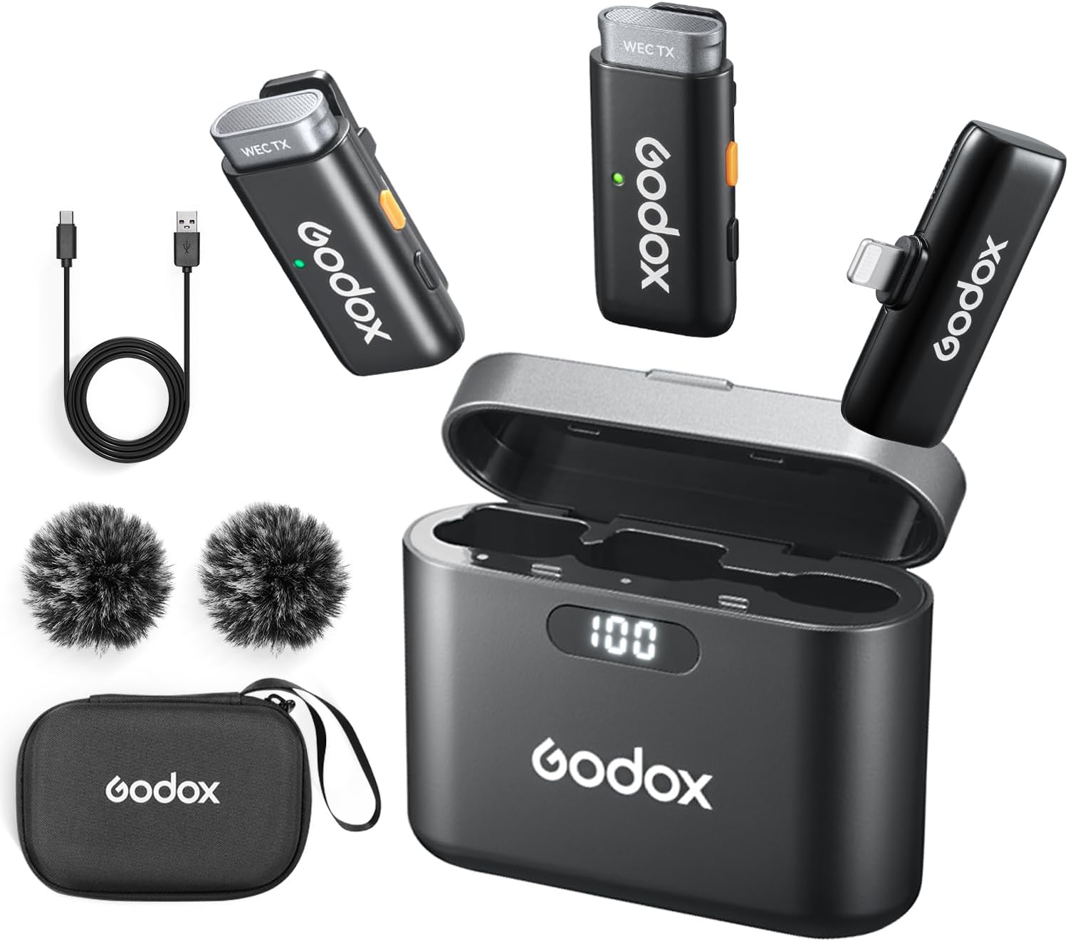 GODOX WES1 KIT2 Wireless Lavalier Microphone for iPhone, MFi Certified, Plug and Play Noise Cancelling Lapel Mic with 656ft Transmission, Charging Case, Compatible with iPhone,ipad (WES1 KIT2)