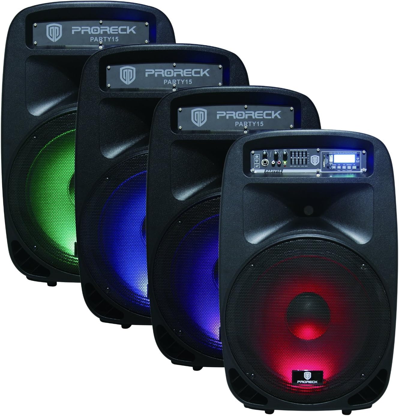 PRORECK Party 15 Portable 15-Inch 2000 Watt 2-Way Powered PA Speaker System Combo Set with Bluetooth/USB/SD Card Reader/FM Radio/Remote Control/LED Light