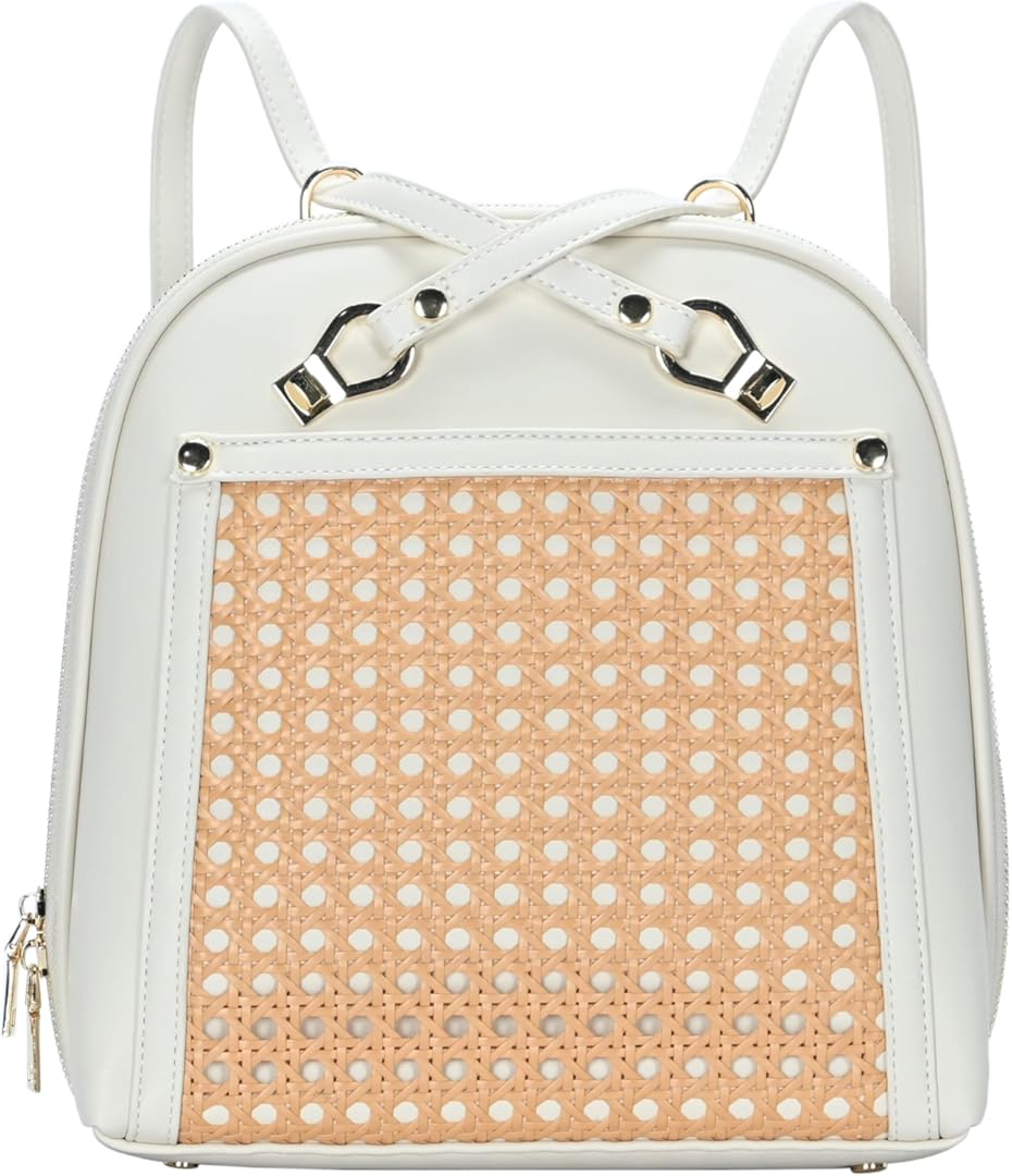MMS Brands Miztique The Daisy Rattan Convertible Backpack Purse for Women - Bone | Rattan Shoulder Strap Bag or Convertible Backpack | 10.5in x 4in x 11.5in |