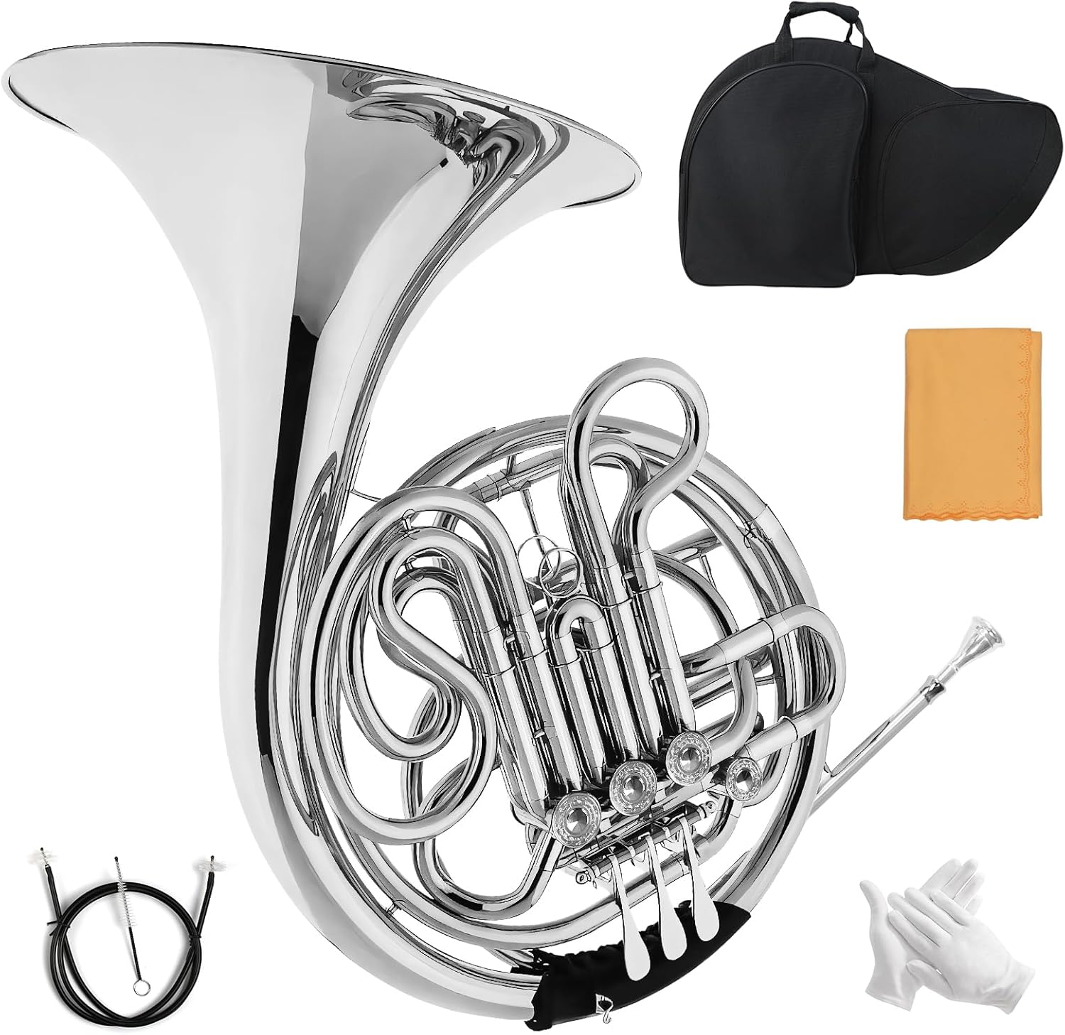 Double French horn, French horn, 4-button F/B tuning, select brass, one-piece French horn design, comes with backpack, gloves, cleaning cloth, and cleaning tool kit(silver, all-in-one)