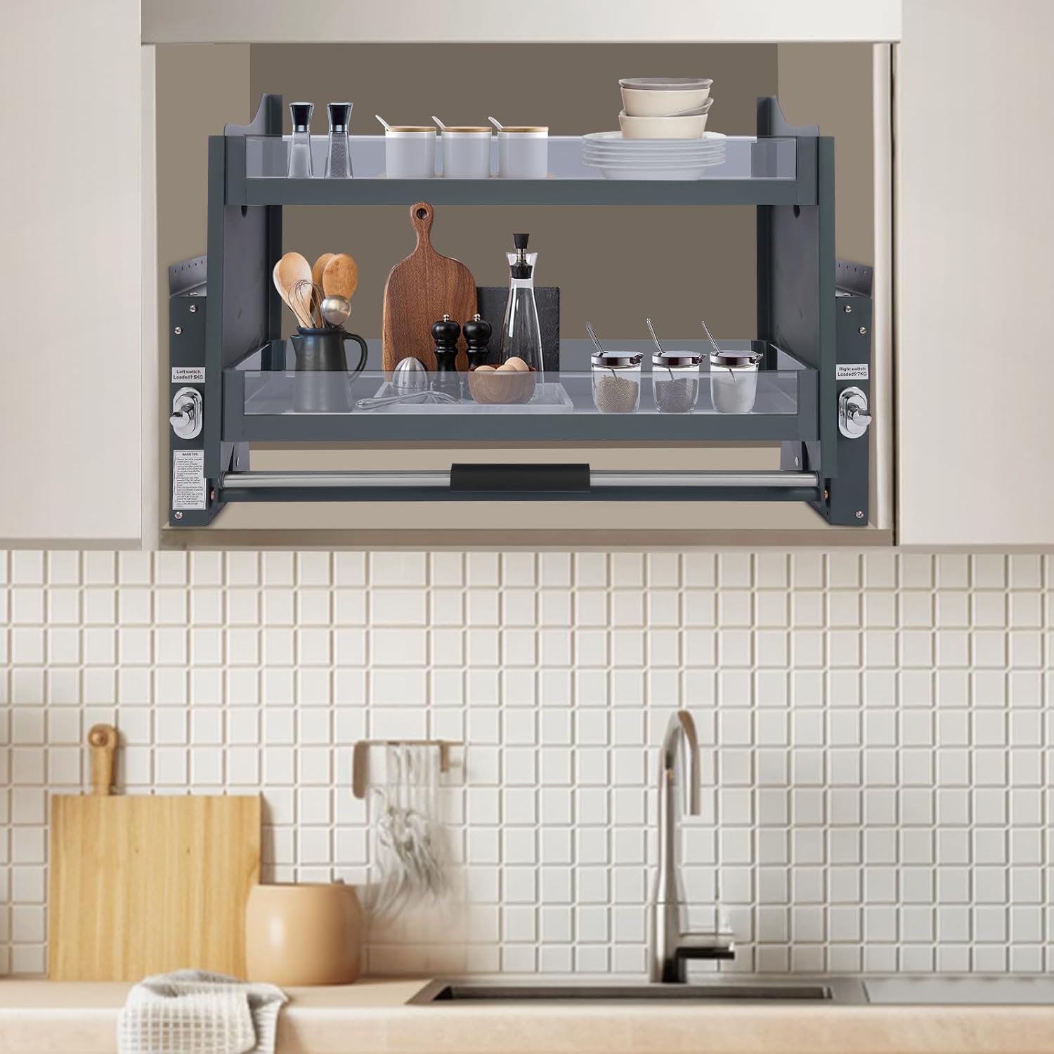 Pull Down Shelf for Upper Cabinets - 30 Inch 2-Tier Wall Mount Organizer with 26.5lbs Capacity, Tempered Glass & Aluminum Alloy for Kitchen Storage, Spices, Dishes