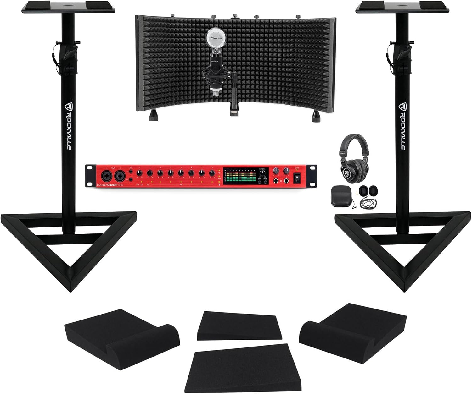 Audiosavings Bundle: Focusrite Clarett+ 8Pre Interface Bundle with Rockville PRO-M50 Headphones, Rockville RCM03 Mic, Rockville ROCKSHIELD 3 Shield, Rockville RVSM1 + Pair Rockville RRS190S(6 Items)