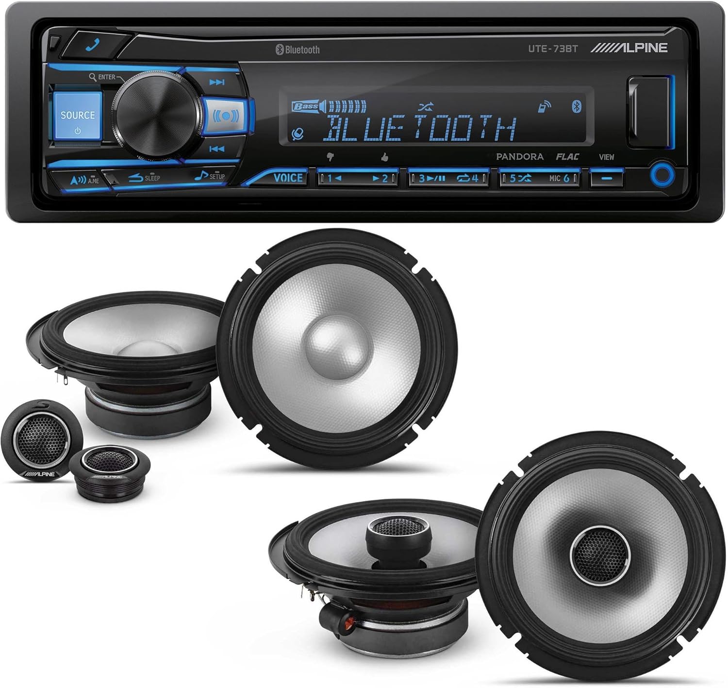 Alpine UTE-73BT Mech-Less Digital Bluetooth Media Receiver with 1 Pair Alpine S2-S65C Type S 6.5