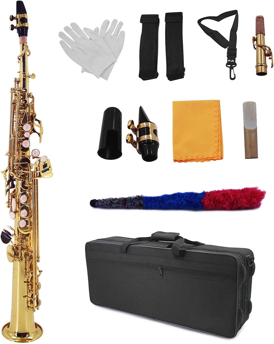 Straight Bb Saxophone Brass Saxophone Gold Lacquer Woodwind Instrument with Carrying Case Reed Brush Cleaning Cloth Student Saxophone